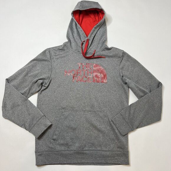 The North Face Mens Small Heathered Gray Red Pullover Hoodie Spellout Sweater - Picture 1 of 13